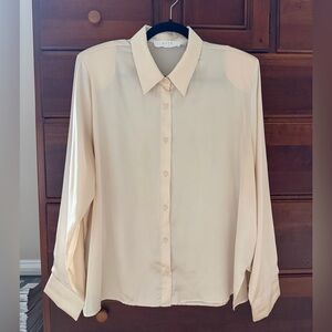 ASTR The Label Satin Button Down Blouse Shirt Shoulder Pads | Cream | Size XL